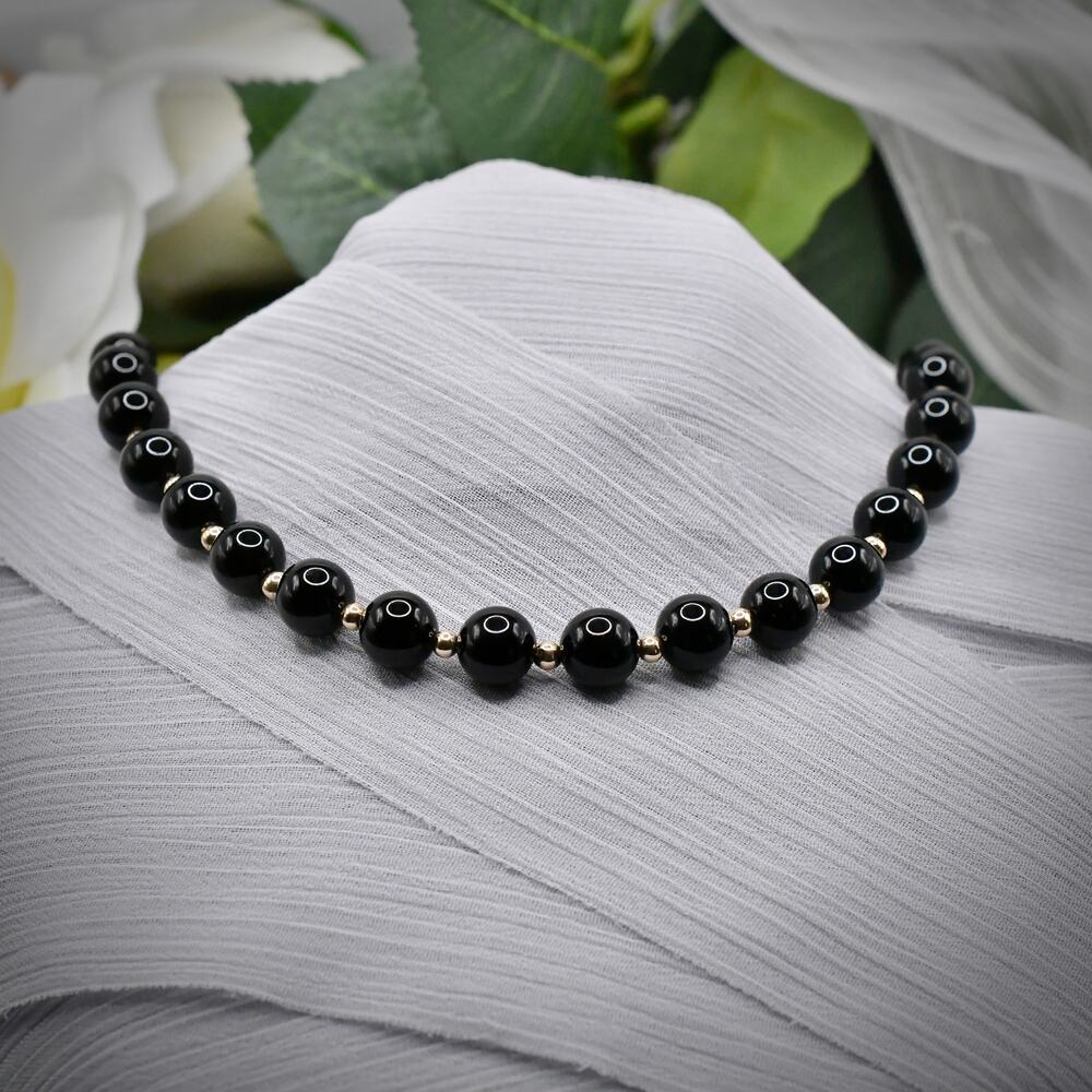 Vintage 14K Gold 3mm Gold Bead Natural Black Onyx Strand Necklace 32.5g